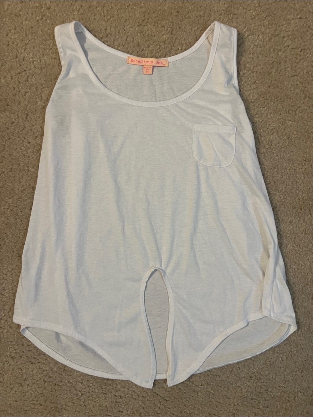 Rebellious One White Scoop Neck Pocket Tank with Front Tie